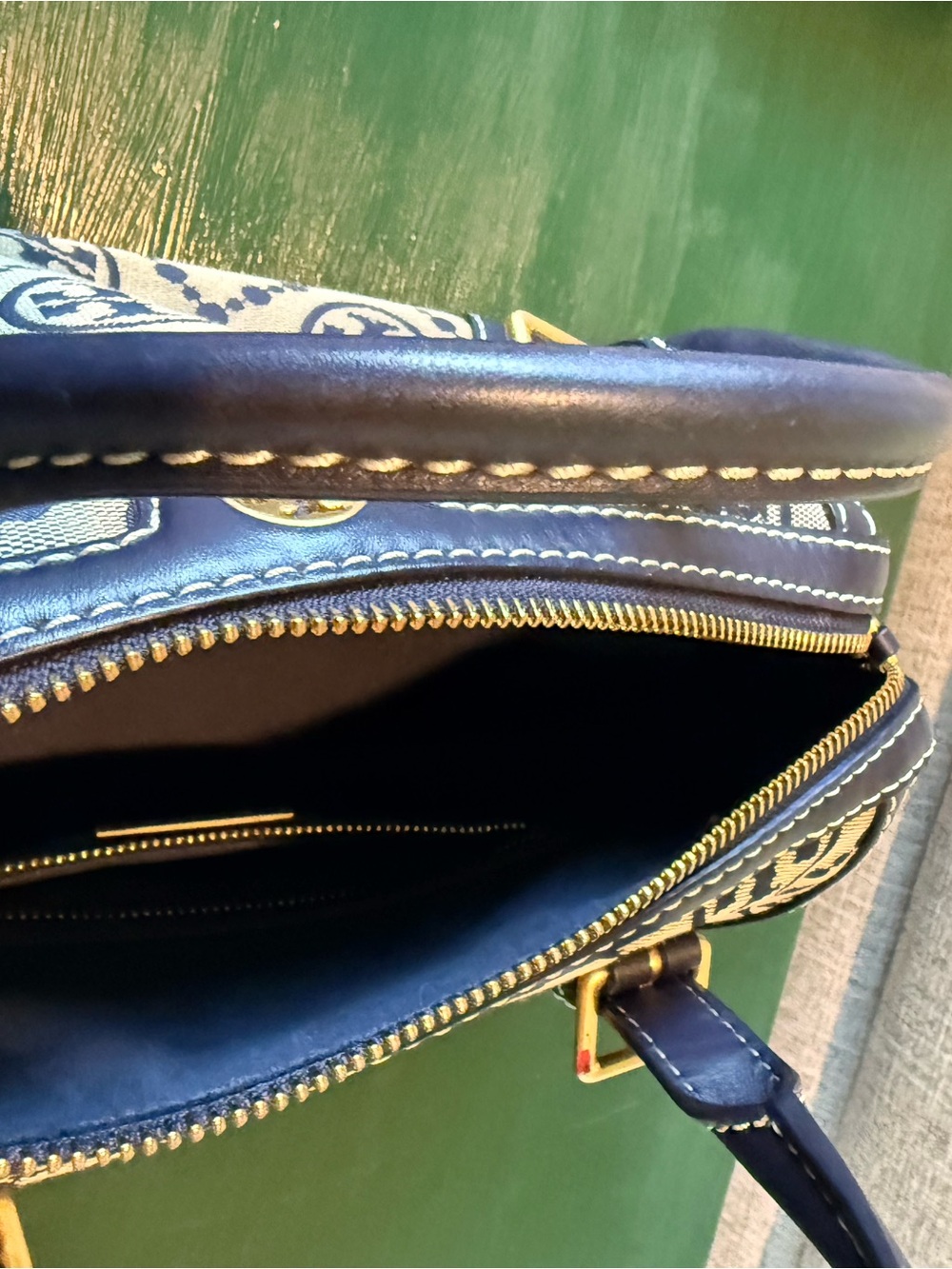 Authentic Tory Burch T Logo Navy and Cream Canvas Satchel with strap. Medium - Picture 6 of 14